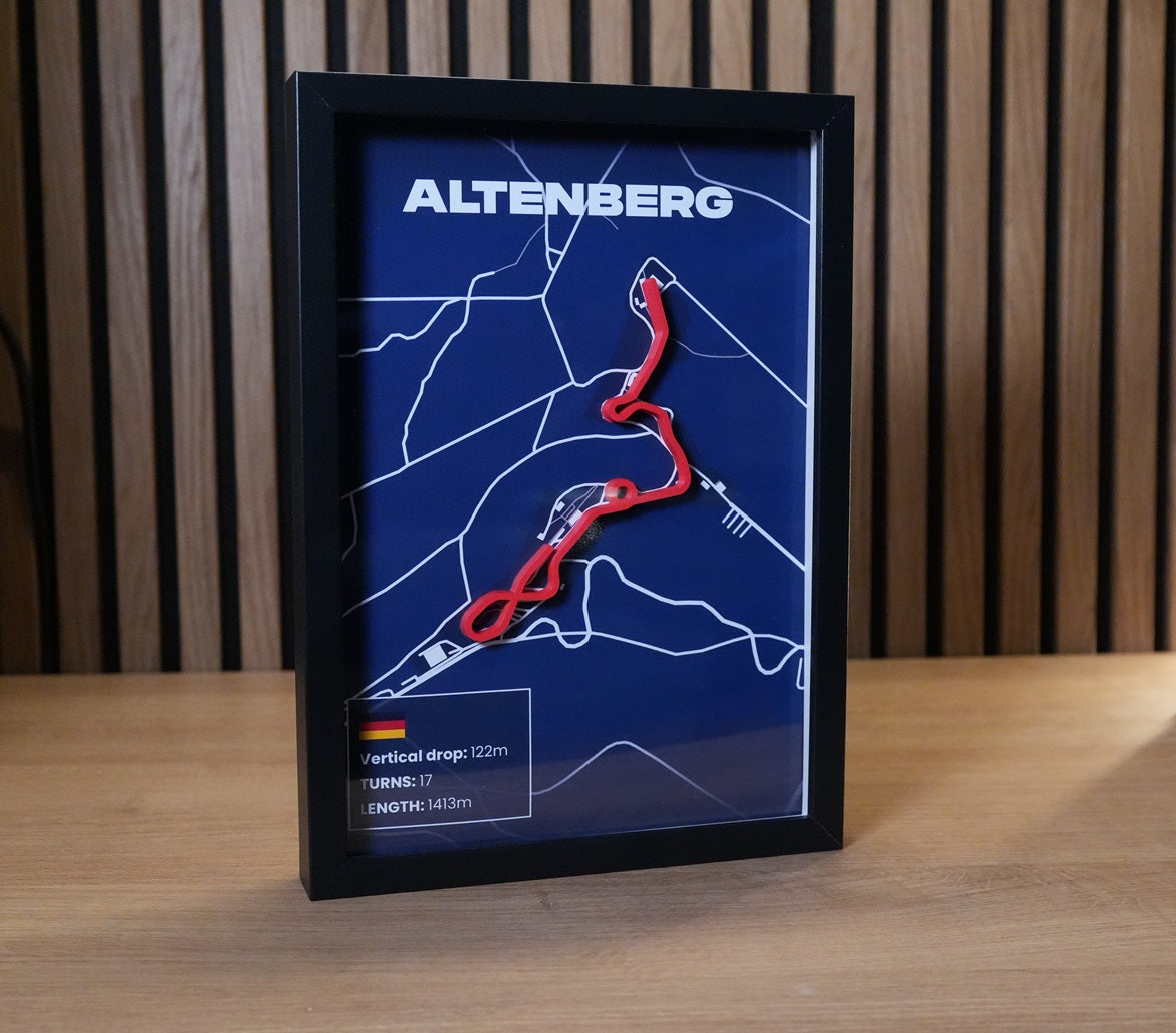 Altenberg bobsleigh track art showing the distinctive layout of the German sliding track.