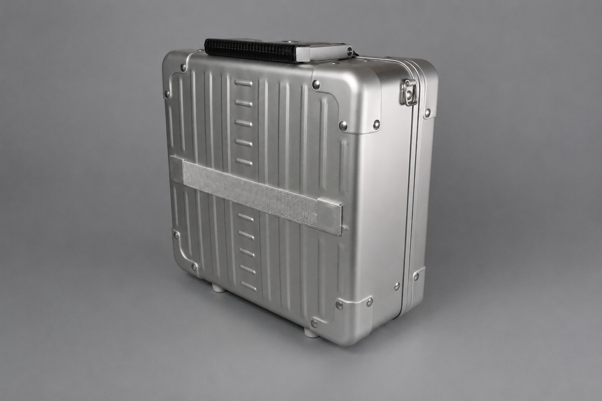 Rear view of the aluminium personal item flight case showing the aluminium shell and construction