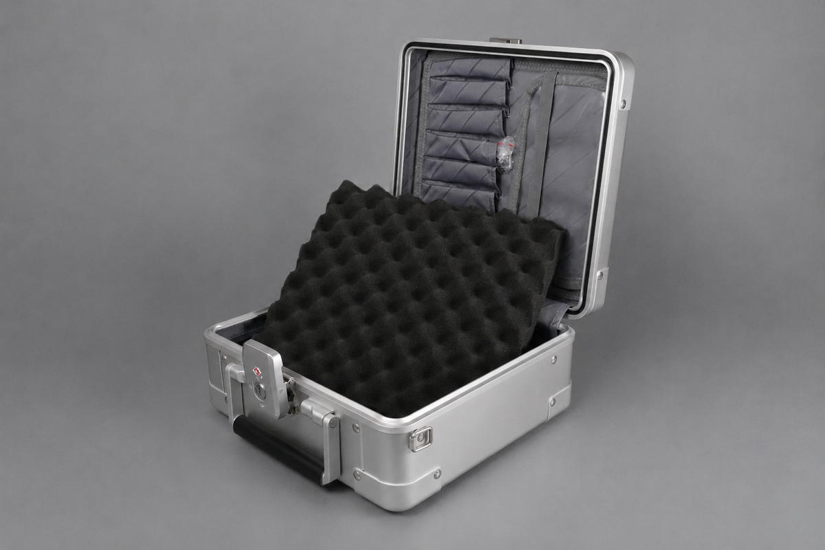Precision-cut custom foam inserts designed for the aluminium personal item flight case.