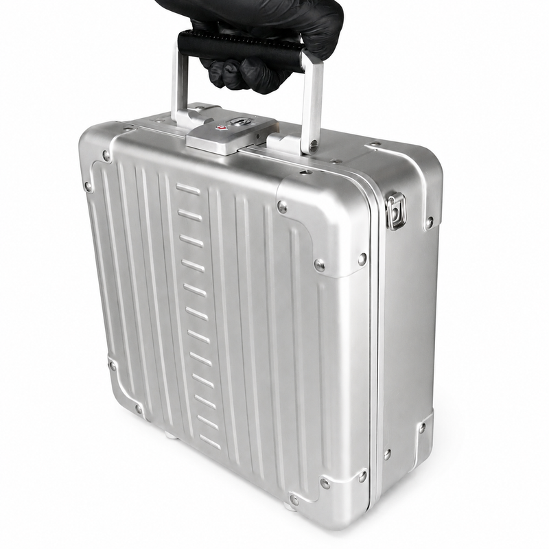Aluminium personal item flight case being carried by hand to demonstrate its size and portability.