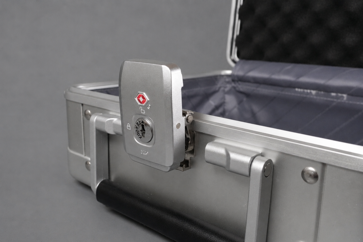 Close-up of the TSA combination lock fitted to the aluminium personal item flight case.