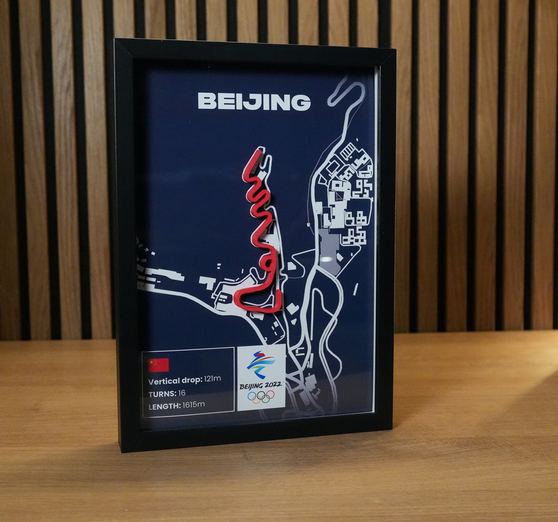 Beijing bobsleigh track art showing the layout of the Olympic sliding track in China.