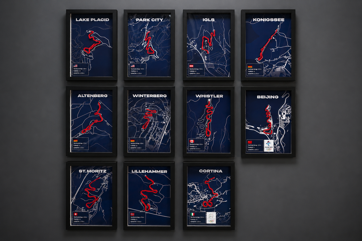 Full set of bobsleigh track displays featuring famous sliding tracks from around the world.