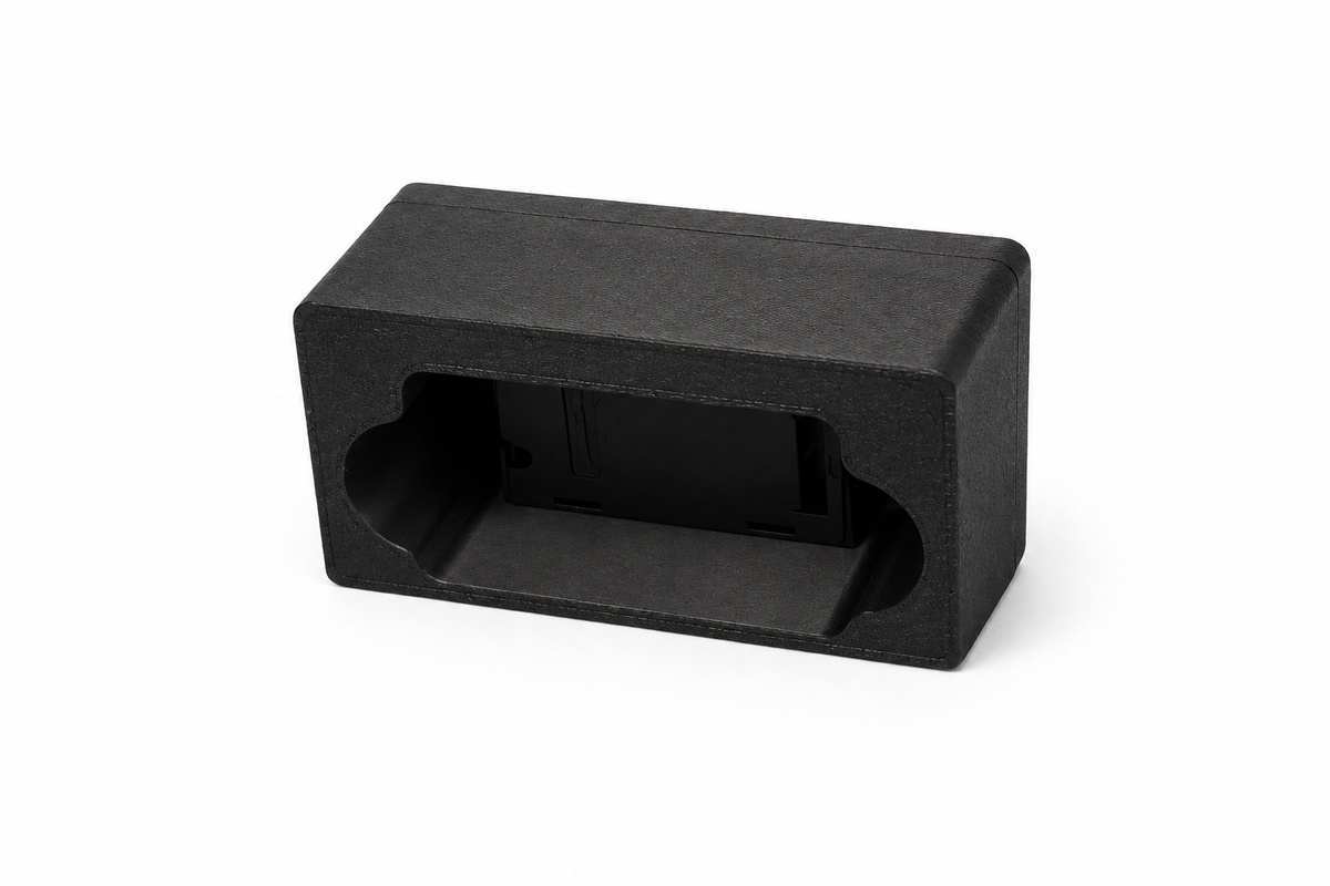 Rear view of the carbon fibre thermometer and hygrometer mount showing the 3D printed enclosure and mounting design.