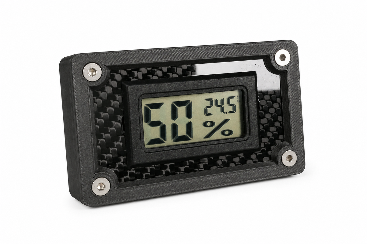 Carbon fibre thermometer and hygrometer mount with a real carbon fibre face plate and 3D printed enclosure.