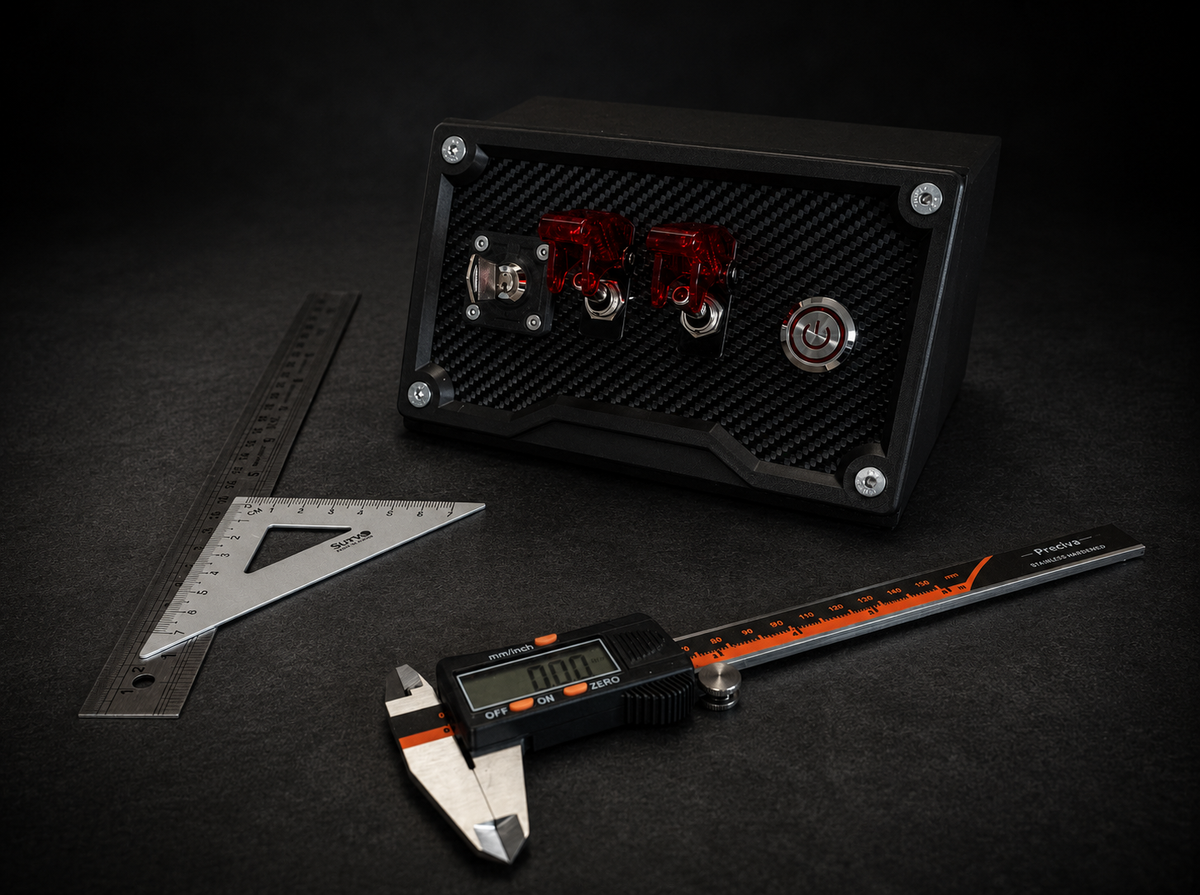 Precision measuring tools alongside a custom-designed launch module, representing bespoke CAD design and product development.