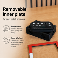 HYROX patch display with a removable inner plate for quick and easy patch changes.