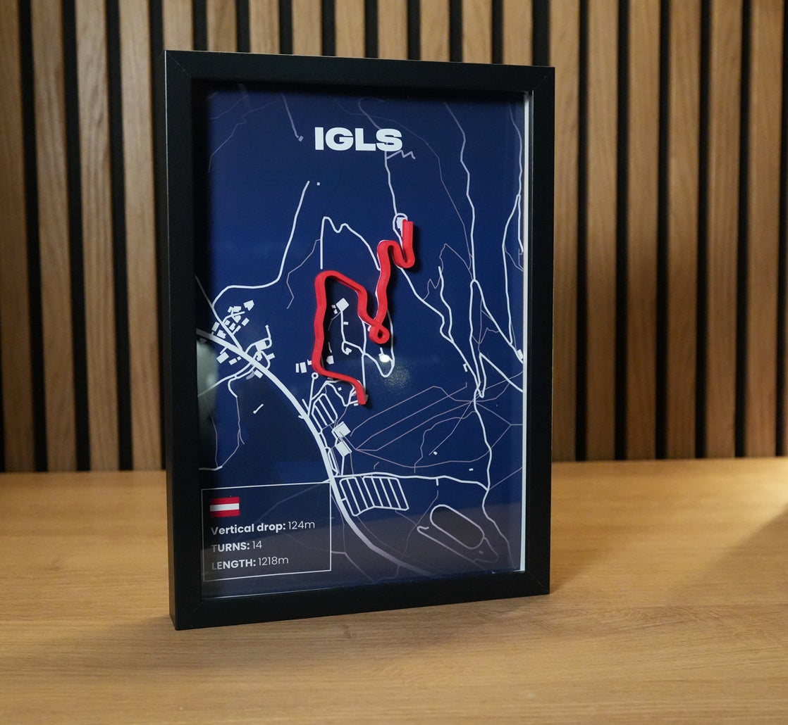 Igls Innsbruck bobsleigh track art showing the layout of the Austrian sliding track.