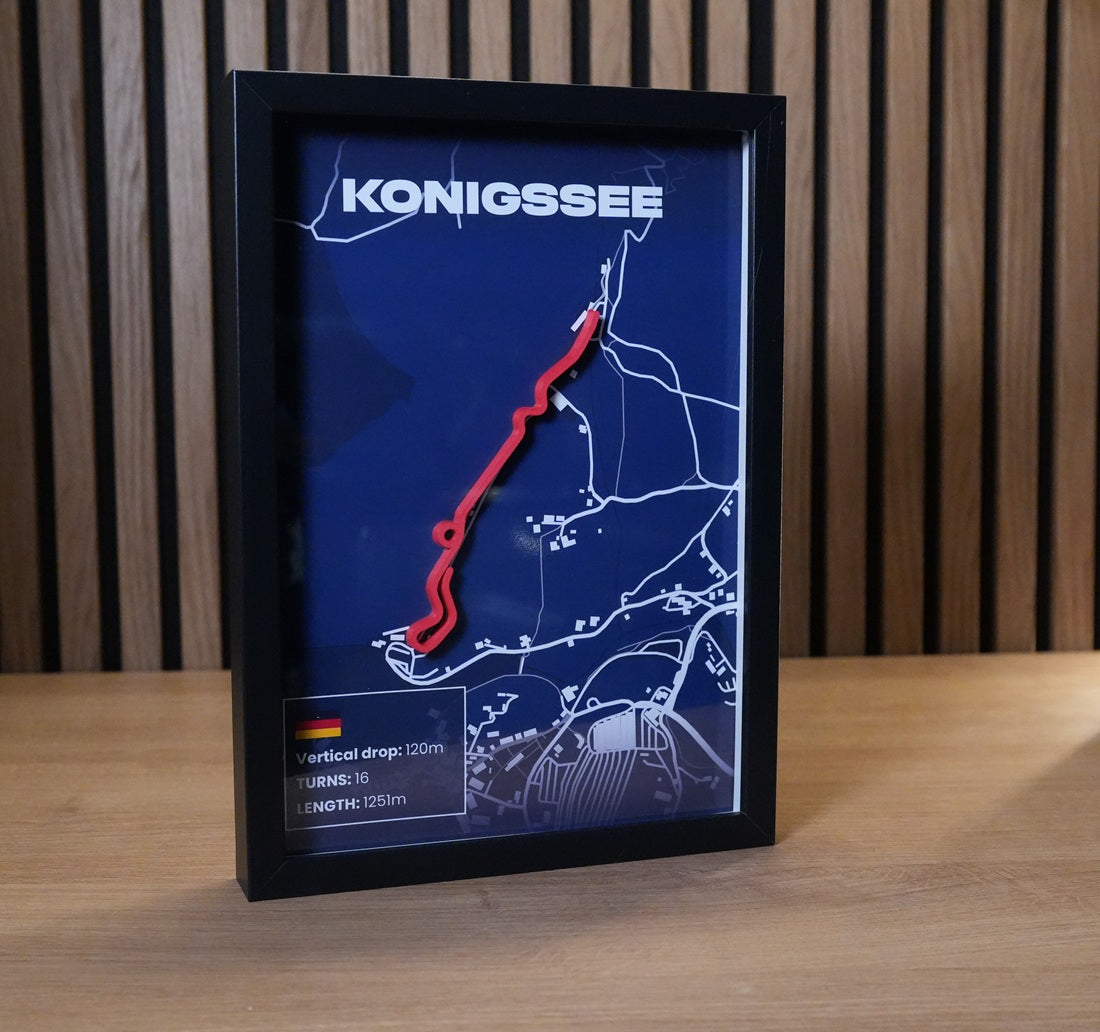 Königssee bobsleigh track art showing the layout of the German sliding track.