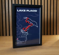 Lake Placid bobsleigh track art showing the layout of the historic American sliding track.