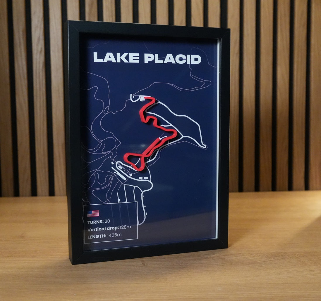Lake Placid bobsleigh track art showing the layout of the historic American sliding track.