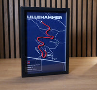 Lillehammer bobsleigh track art showing the layout of the Norwegian Olympic sliding track.