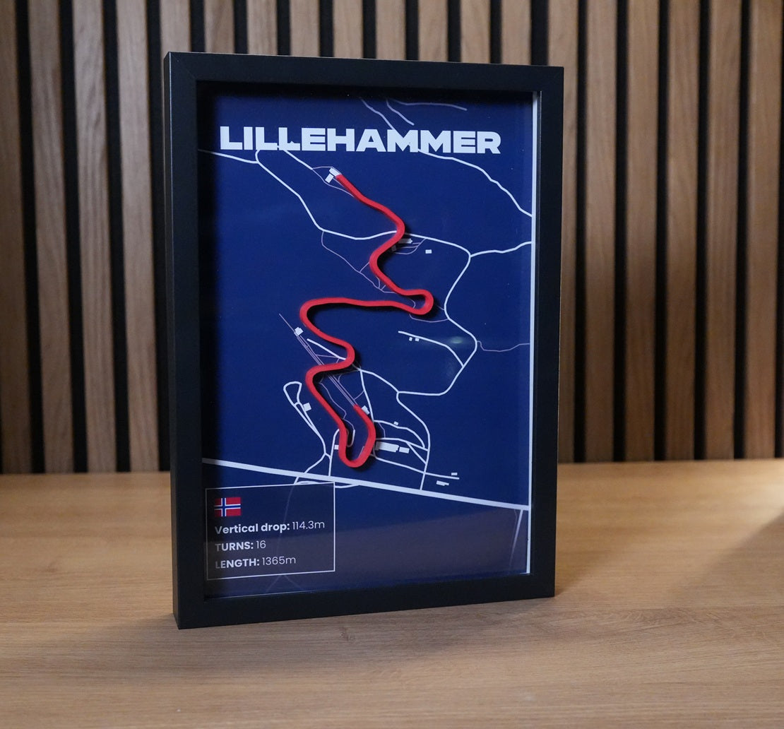 Lillehammer bobsleigh track art showing the layout of the Norwegian Olympic sliding track.