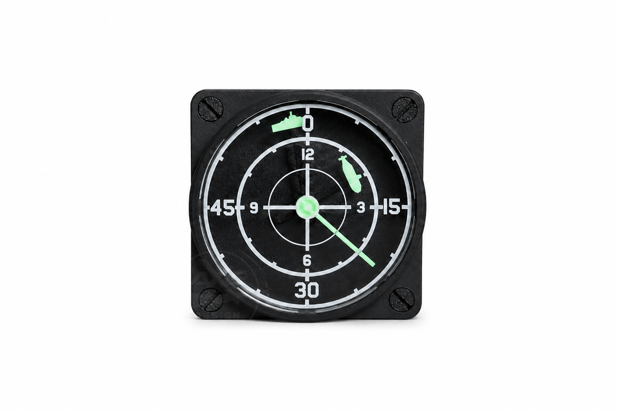 Marine-inspired desk clock featuring interchangeable ships, submarines and aircraft with a handcrafted design.