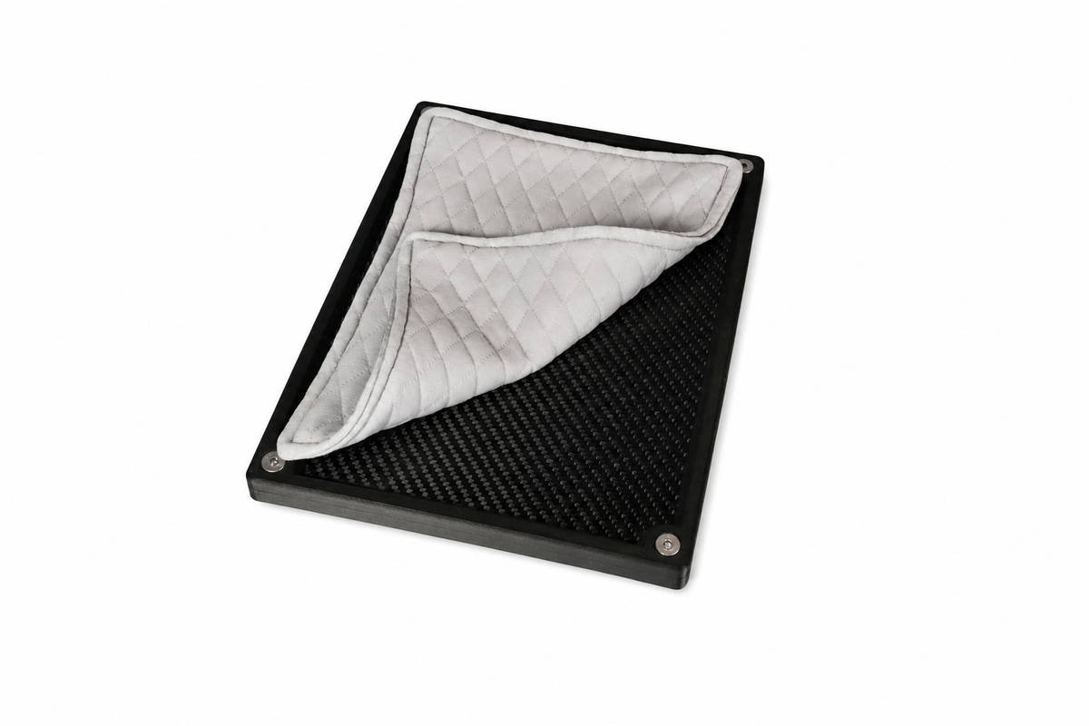 Folded grey quilted valuables cloth with a soft quilted texture and premium finish.