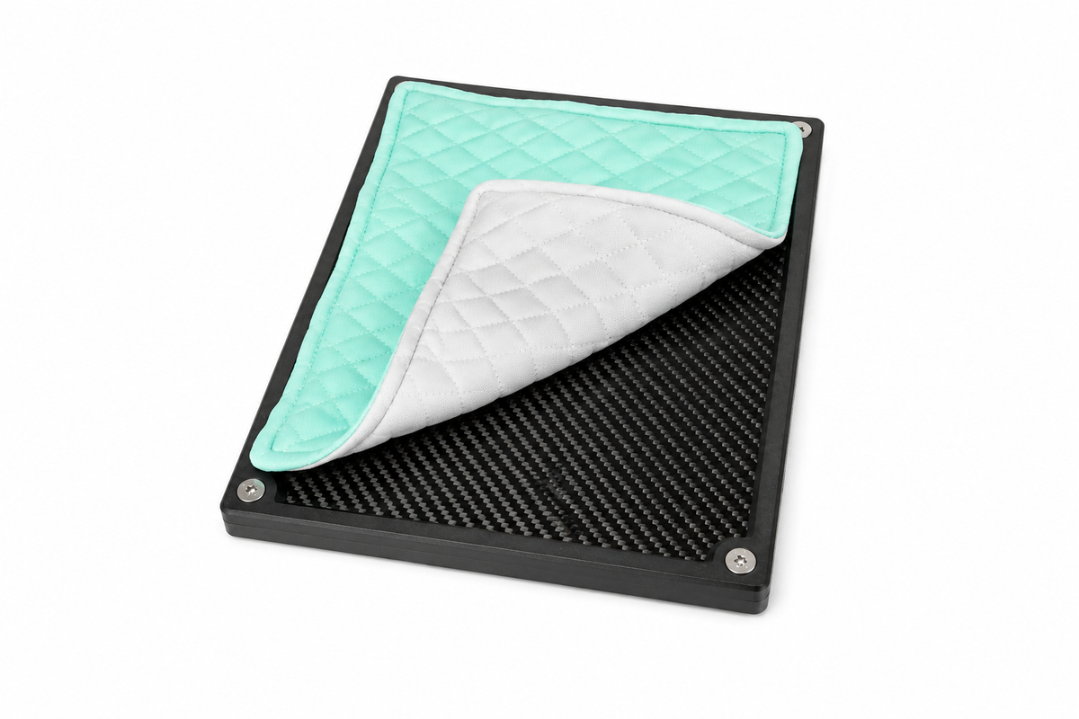 Folded teal quilted valuables cloth showing the soft padded material.