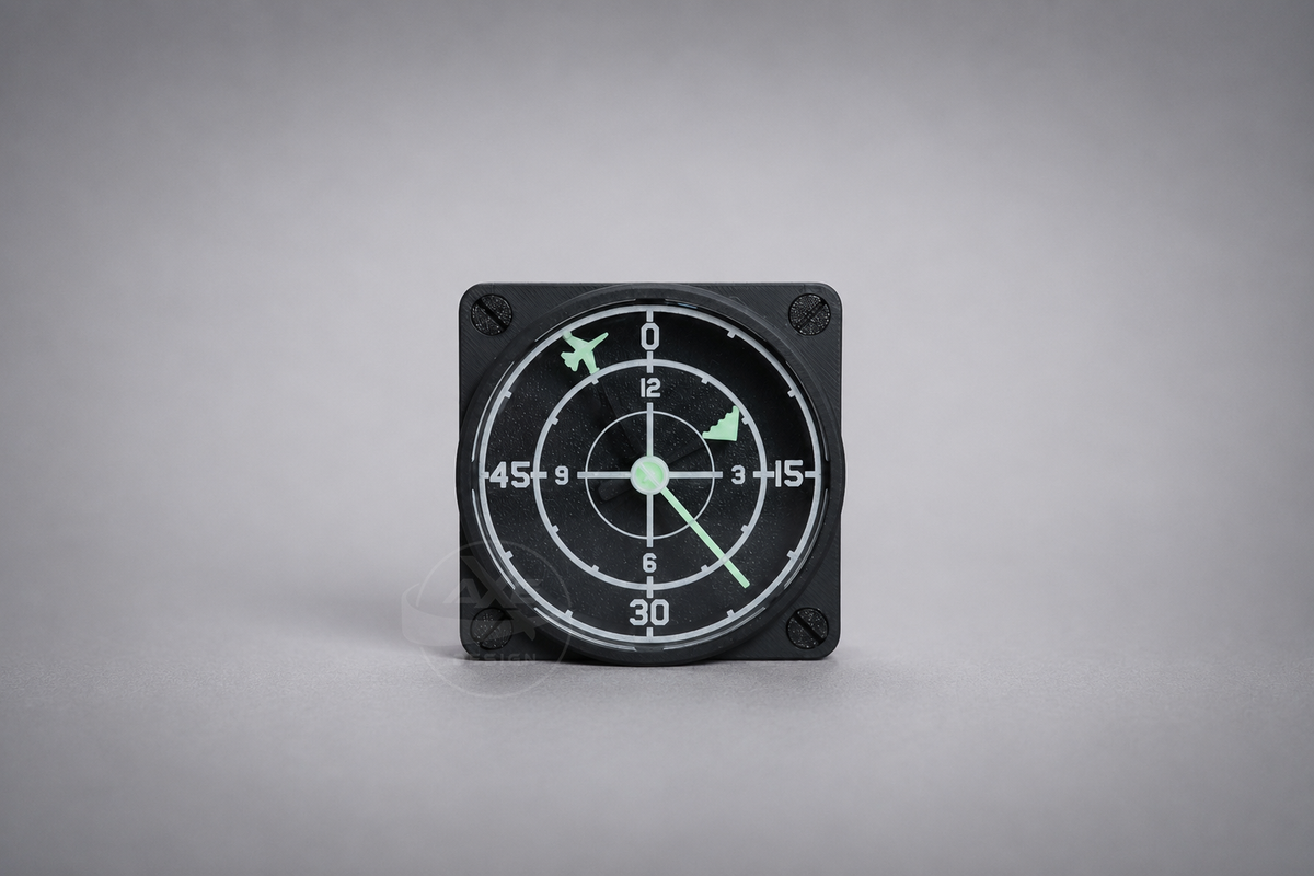 Radar wall clock with a clear acrylic face and modern jet aircraft theme.