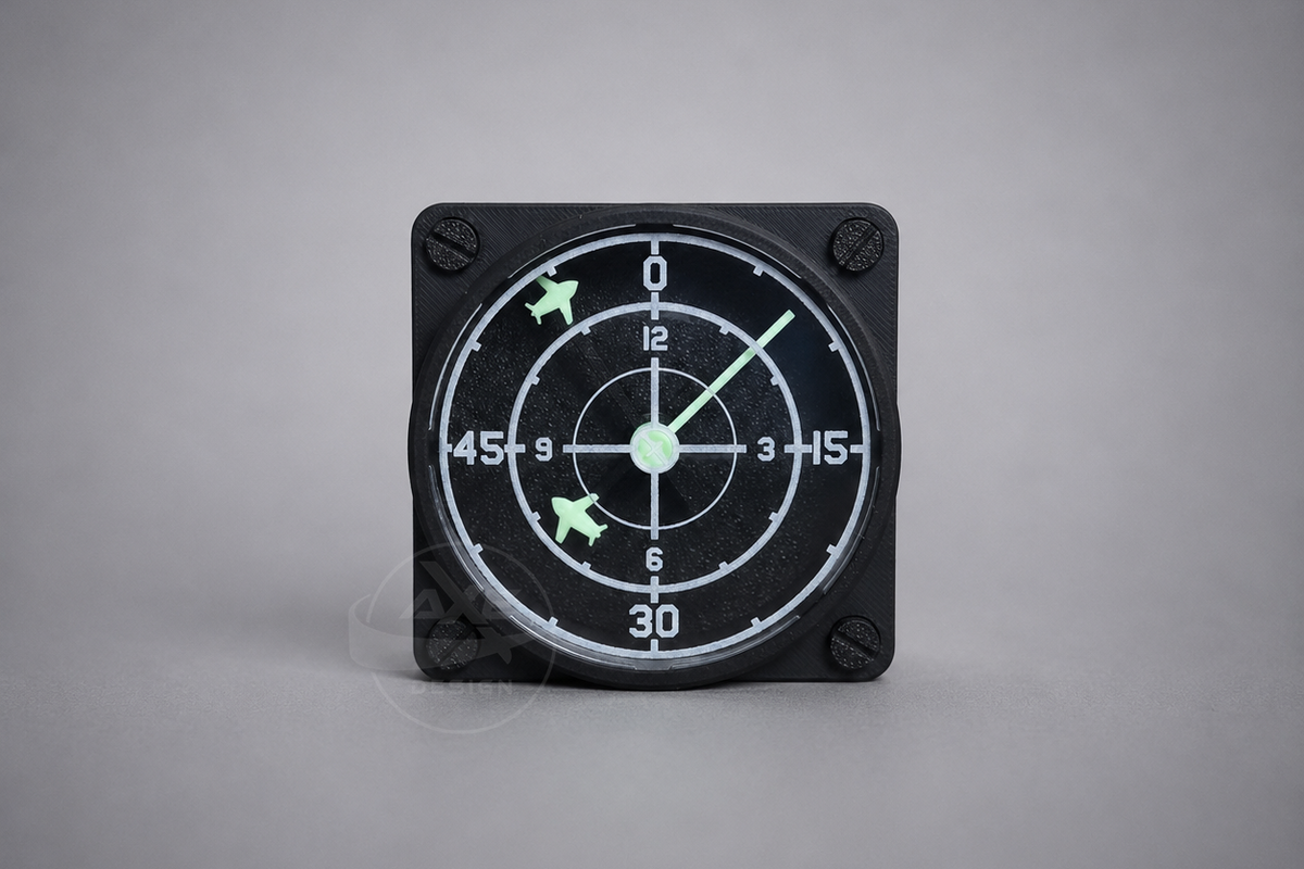 Radar wall clock with a clear acrylic face and aircraft tracking display.