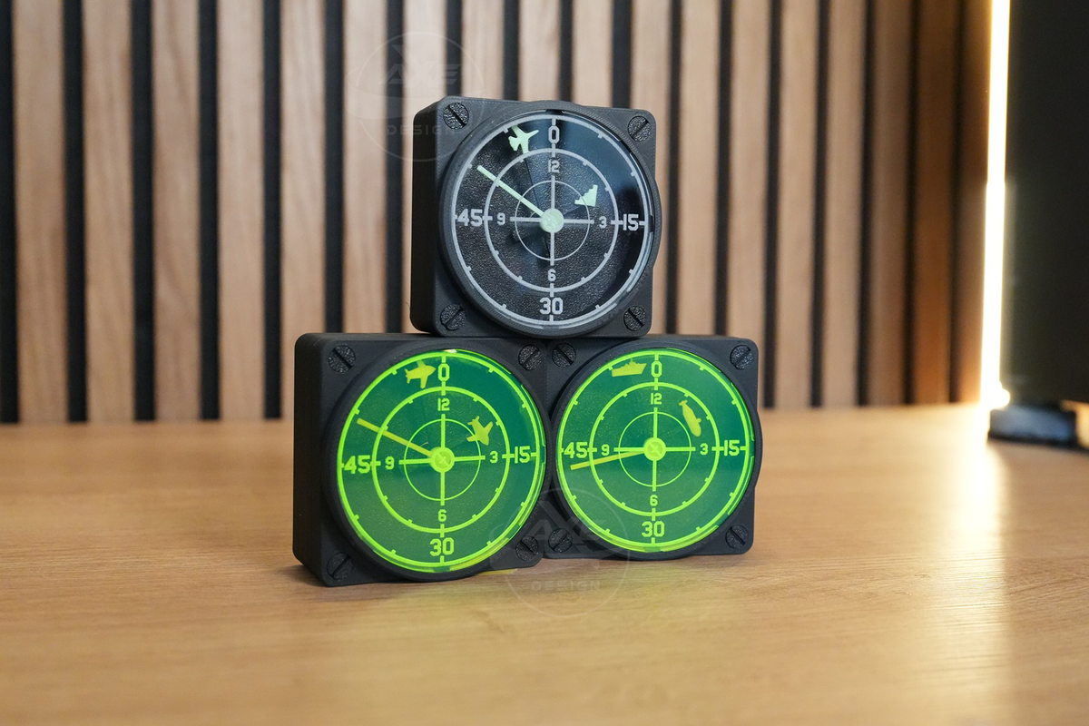 Collection of radar-style wall clocks with different coloured displays and vehicle designs.