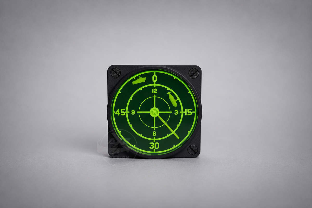 Radar wall clock with a green display and animated boat tracking design.