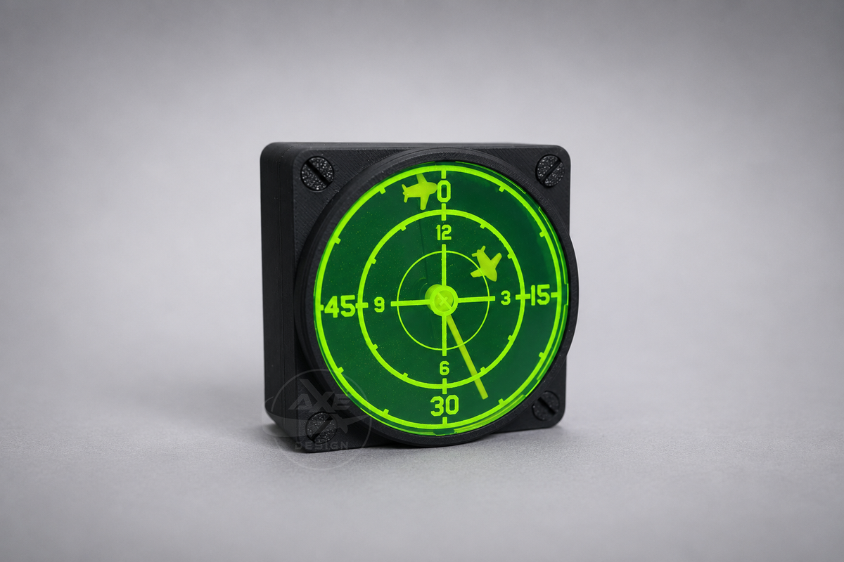 Angled view of the green aircraft radar clock showing the layered acrylic construction.