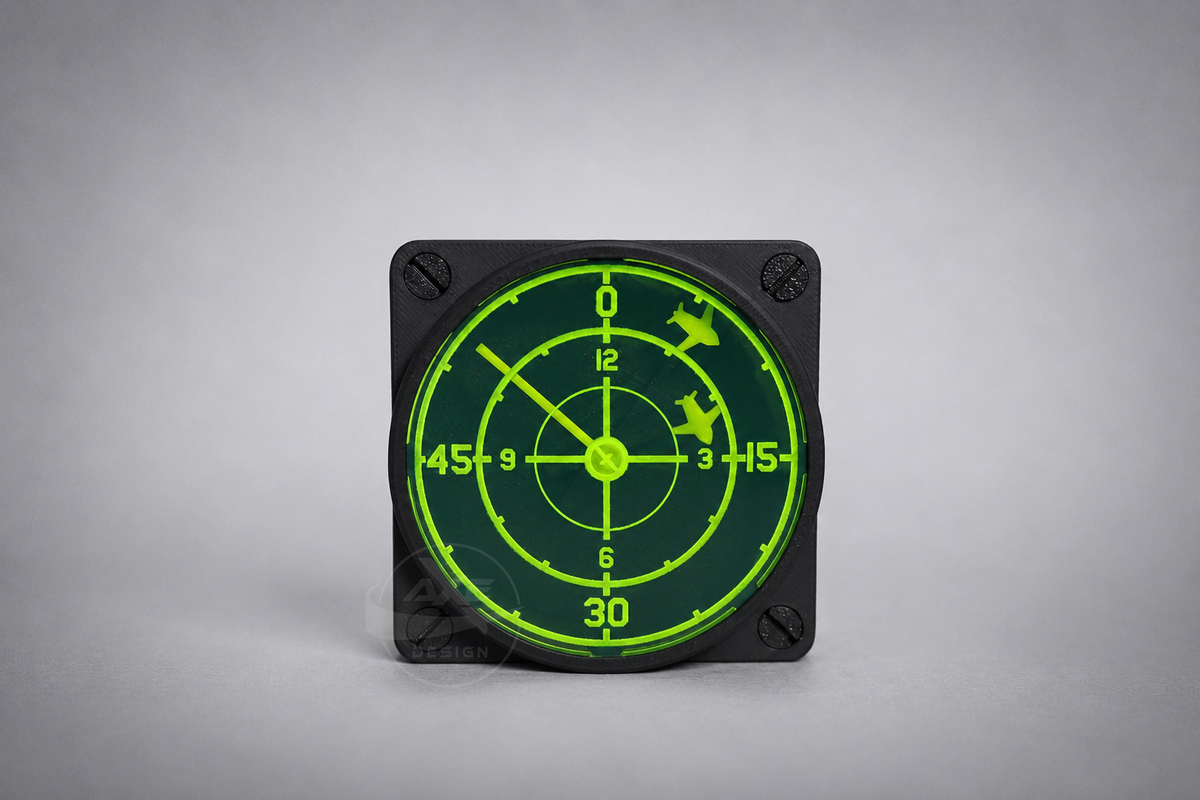 Radar wall clock with a green display and aircraft tracking theme.