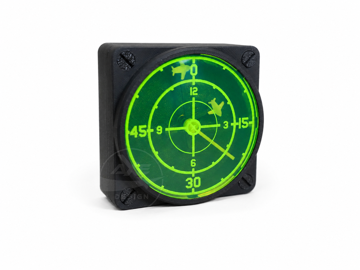 Radar-style wall clock featuring sweeping illuminated targets and moving aircraft icons.