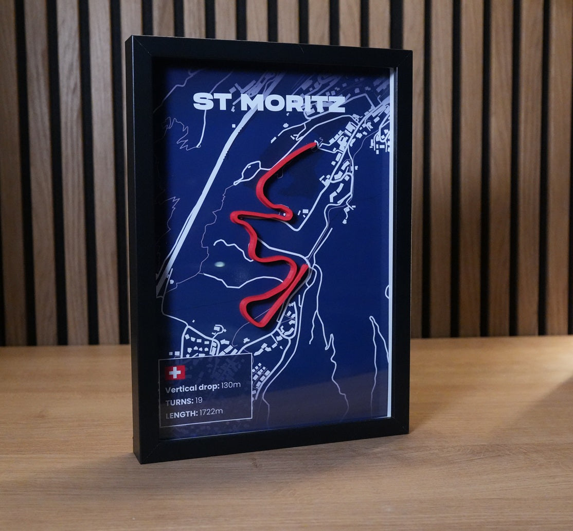 St Moritz bobsleigh track art showing the layout of the natural ice sliding track in Switzerland.