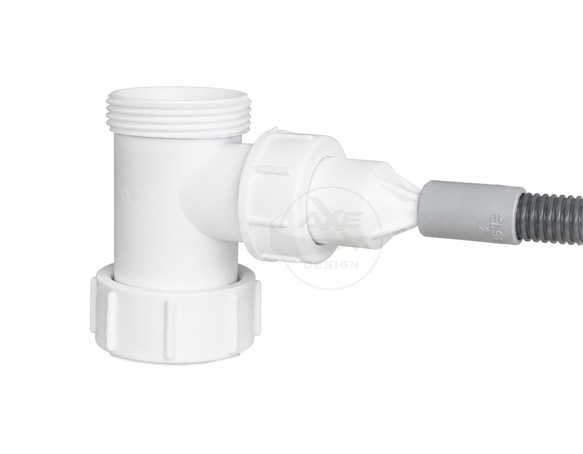 Tumble dryer waste pipe adapter ready for installation in a household waste plumbing system.