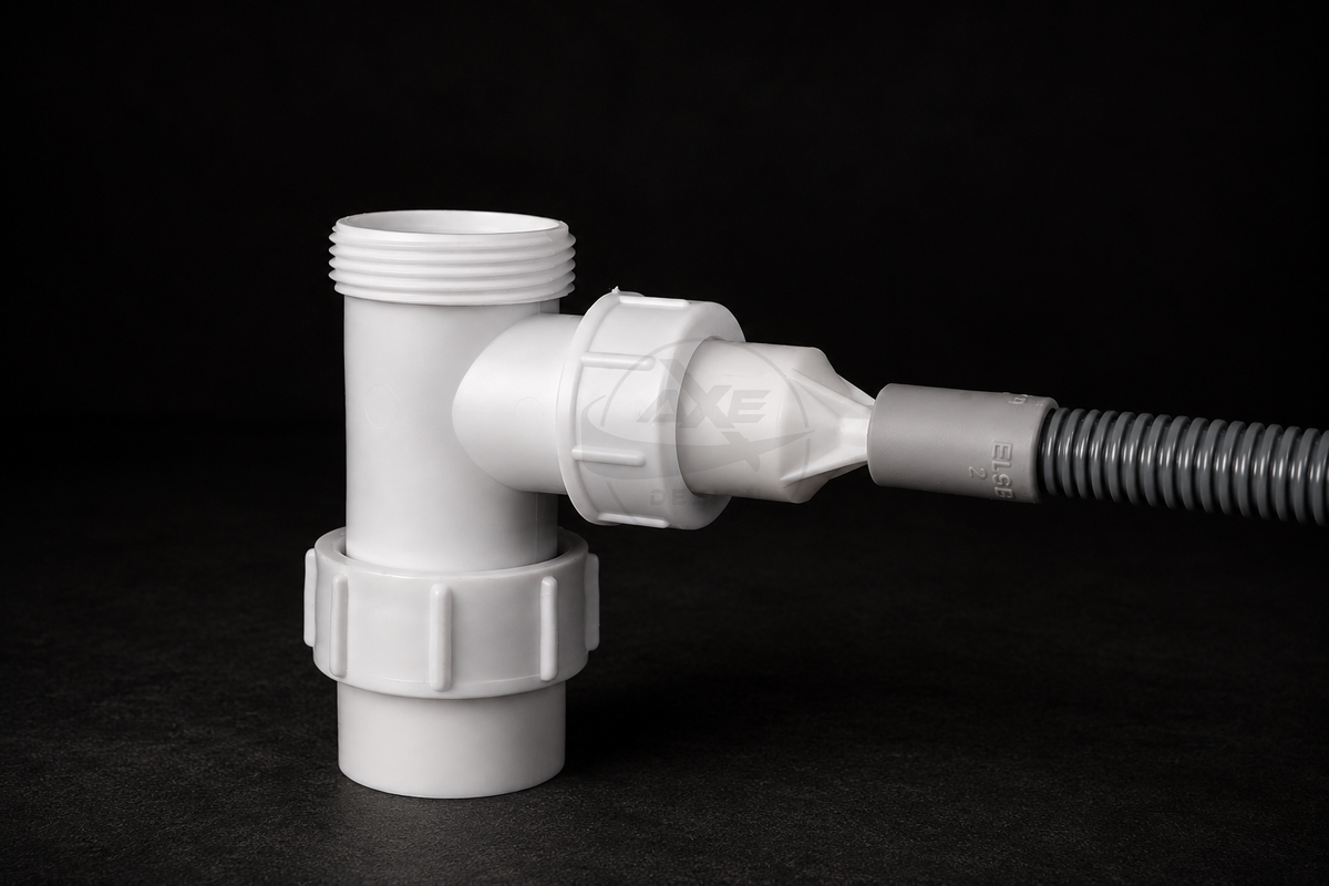Tumble dryer waste pipe adapter designed to connect a 10mm condensate hose to a 25mm or 30mm waste pipe.