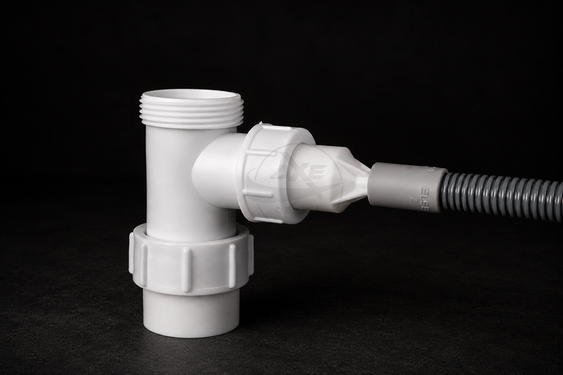 Tumble dryer waste pipe adapter designed to connect a 10mm condensate hose to a 25mm or 30mm waste pipe.