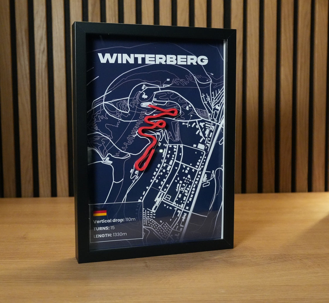 Winterberg bobsleigh track art showing the layout of the German sliding track.